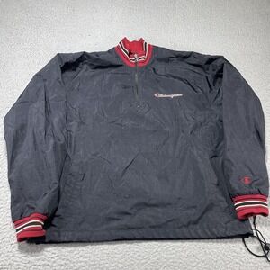 Vintage Champion Jacket Mens Medium Black Red 1/4 Zip Pullover Windbreaker 90s